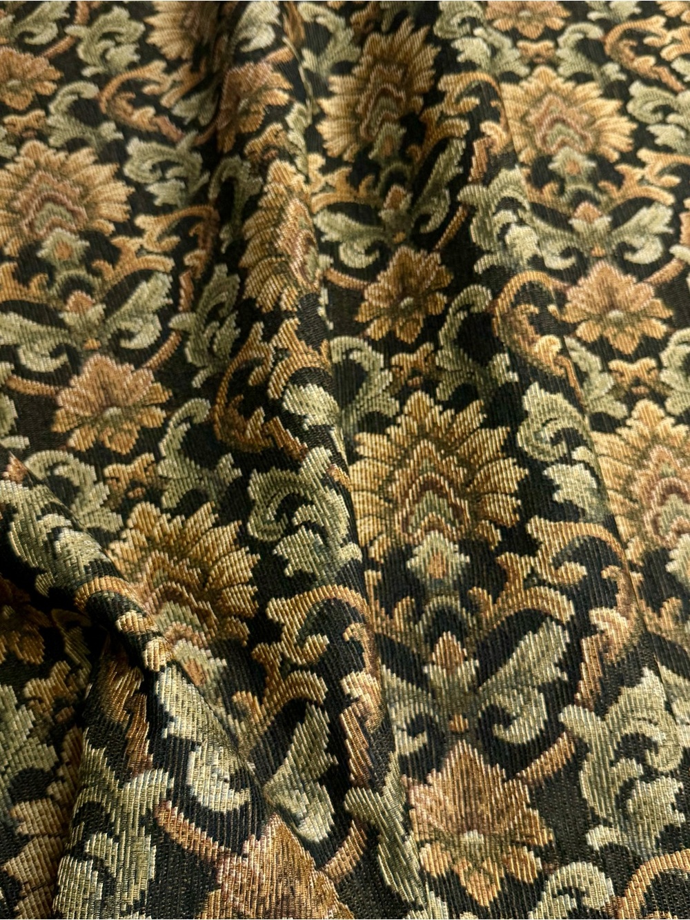 Navy Blue Green Gold Jacquard Woven Damask Floral Motif Baroque Style Upholstery